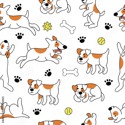 Vector seamless pattern with dogs.Cute funny puppies play, jump, sleep.Children textile.Hand doodle illustration on white background.