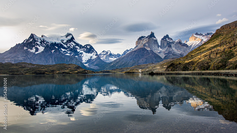 Torres del Paine over the Pehoe lake,  reflection, sunset, Patagonia, Chile 