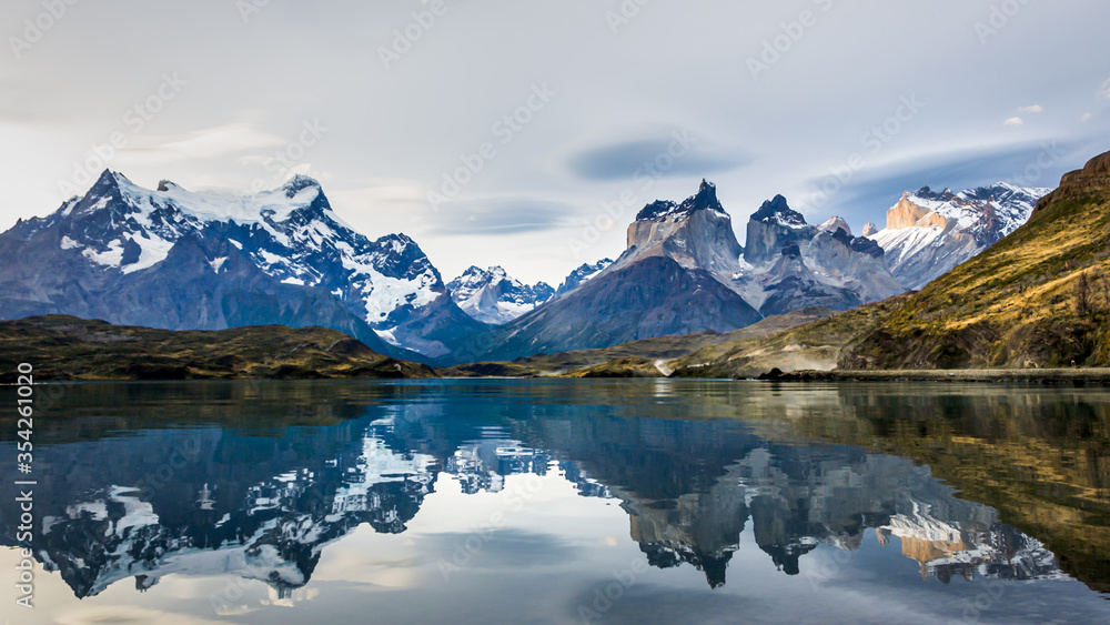 Torres del Paine over the Pehoe lake,  reflection, sunset, Patagonia, Chile