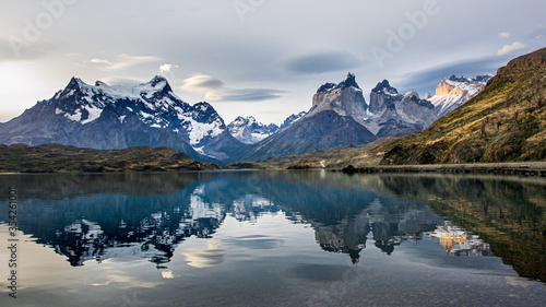 Torres del Paine over the Pehoe lake   reflection  sunset  Patagonia  Chile 