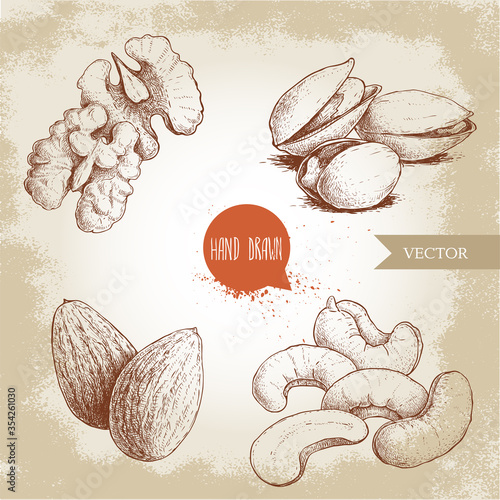 Hand drawn sketch style nuts set. Walnut, cashew, almonds and pistachios. Collection of healthy natural food. Vector illustrations isolated on old background.