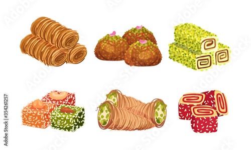 Turkish Delights or Arabic Sweets with Famous Baklava and Rahat Lakoum Vector Set. Oriental Pastry and Sugary Confectionery Concept.