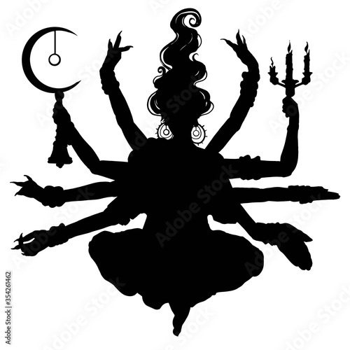 Silhouette of a multi-armed meditating girl with eight arms, in the Lotus position, hovering above the ground, against the background of the Golden sun, in her hands various objects . 2D illustration.
