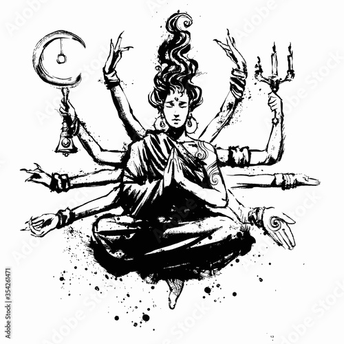 A beautiful multi-armed meditating girl with ten hands, in the Lotus position, hovers above the ground, holding various objects in her hands . 2D illustration.