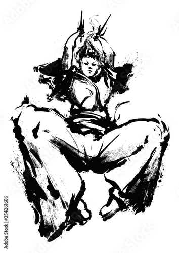 A girl warrior in a Japanese kimono in a super epic pose jumps with daggers in her hands at the viewer, drawn in ink 2D illustration.