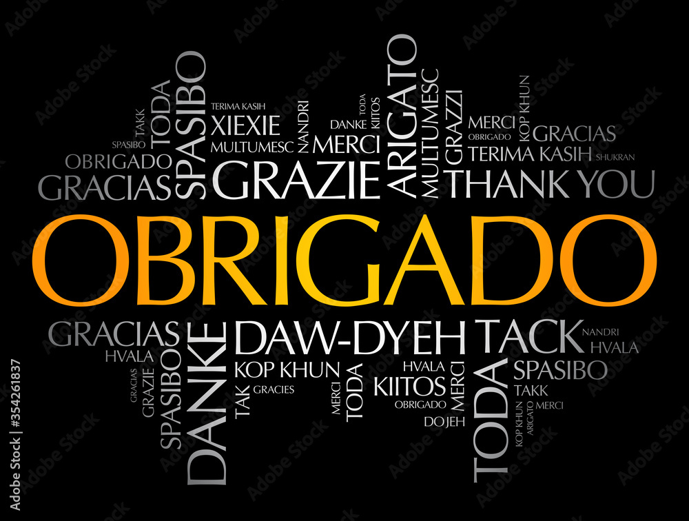 Obrigado (Thank You in Portuguese) Word Cloud in different languages