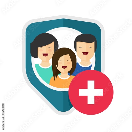Family health insurance vector shield or medical life health care private protection guard flat cartoon icon sign, concept of household safety defence coverage symbol or help risk assistance design