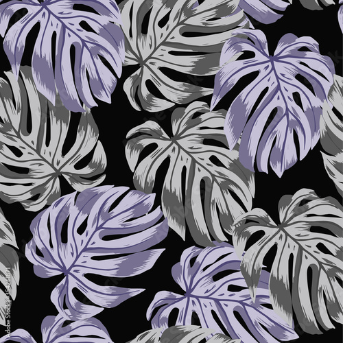 Vector monstera leaves pattern on black background.