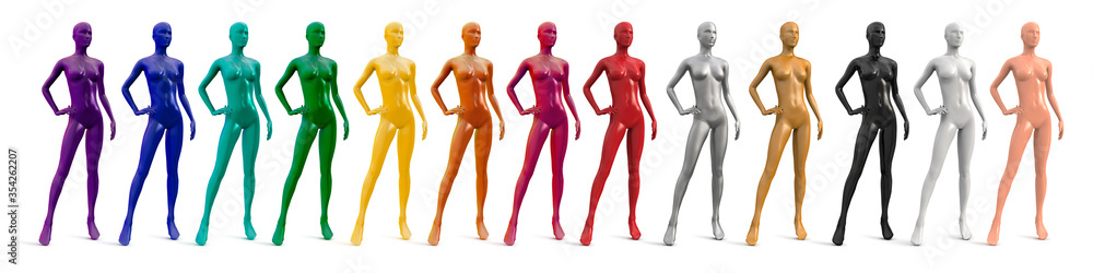 Female plastic naked mannequin. Set of standing female mannequins of different colors. Showcase fashion store. Front view, three quarter view. Vector 3d illustration isolated on white background. Female plastic naked mannequin. Set of standing female mannequins of different colors. Showcase fashion store. Front view, three quarter view. Vector 3d illustration isolated on white background.