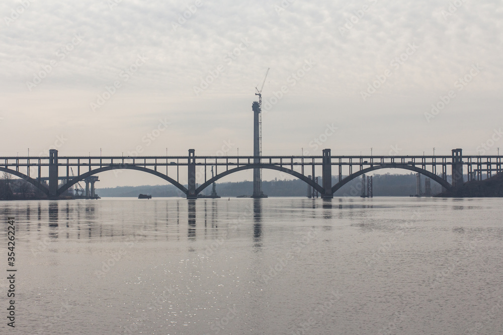 View of the Preobragensky Bridge in Zaporizhzhia in the morning. Ukraine