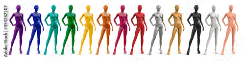 Female plastic naked mannequin. Set of standing female mannequins of different colors. Showcase fashion store. Front view, three quarter view. Vector 3d illustration isolated on white background.