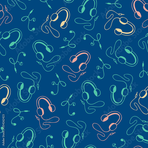neon headphones seamless pattern on pantone background, Pattern for textiles,scrapbook,packaging,wrapping paper,poster, tile,website. for headphone stores,Audio Stereo Headphones,Volume Symbol.	