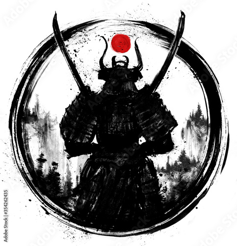 Fotografie A samurai standing with his back to the viewer with two Katanas crossed at his chest