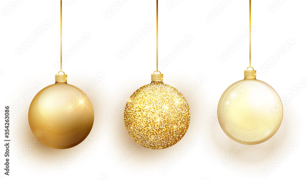 Gold Christmas tree toy set isolated on white background. Stocking Christmas decorations. Vector object for christmas design, mockup. Vector realistic object Illustration 10 EPS. Gold Christmas tree toy set isolated on white background. Stocking Christmas decorations. Vector object for christmas design, mockup. Vector realistic object Illustration 10 EPS.