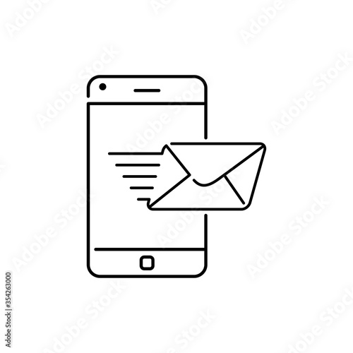 Icono plano lineal enviar correo en smartphone en color negro