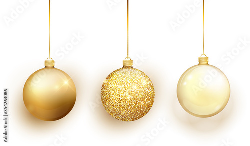 Gold Christmas tree toy set isolated on white background. Stocking Christmas decorations. Vector object for christmas design, mockup. Vector realistic object Illustration 10 EPS.