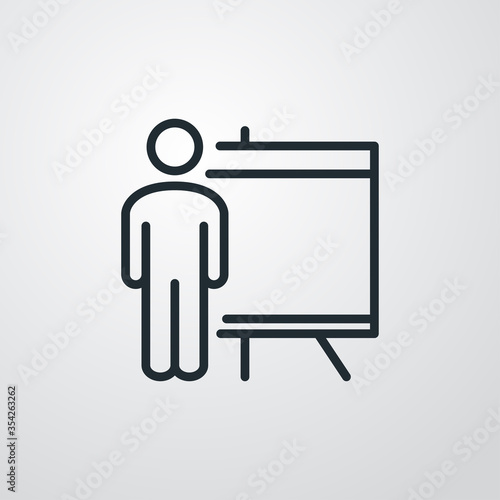 Símbolo curso de formación. Icono plano hombre con pizarron con público en fondo gris