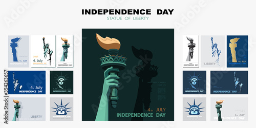 Independence day, hand with torch, presentation. Statue of Liberty, set of flat design templates. USA. Holiday. Symbol of America. New York. Information banner. Advertising text title, poster, vector