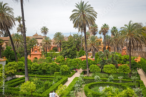 Panoramic view of the gardens of the Alcazar palace in Seville, Spain.