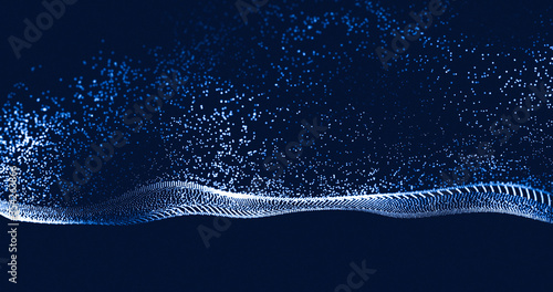 Data technology abstract futuristic illustration. Low poly shape with connecting dots on dark background. 3D rendering. Big data visualization. Wave of particles. Futuristic blue dots background