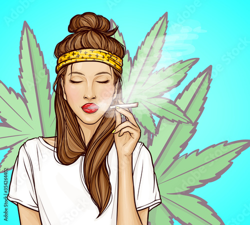 Pop art young woman with closed eyes smoking herbal cigarette cannabis. Relaxed hipster girl holding a jamb with marijuana. Vector illustration isolated on green marijuana leaves background
