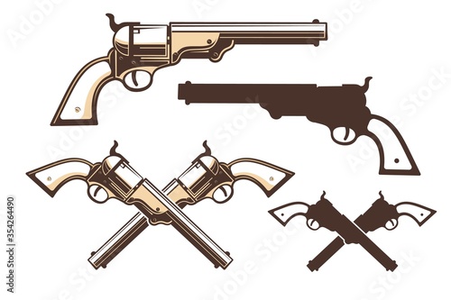 Western gun retro style. Vintage wild west pistol. Cowboy revolver icon. Vector illustration.