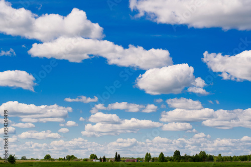 Many large clouds above the trees and field. Green field and trees at the bottom of the frame under a voluminous sky.