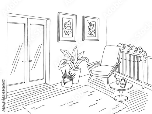 Balcony garden graphic black white interior sketch illustration vector