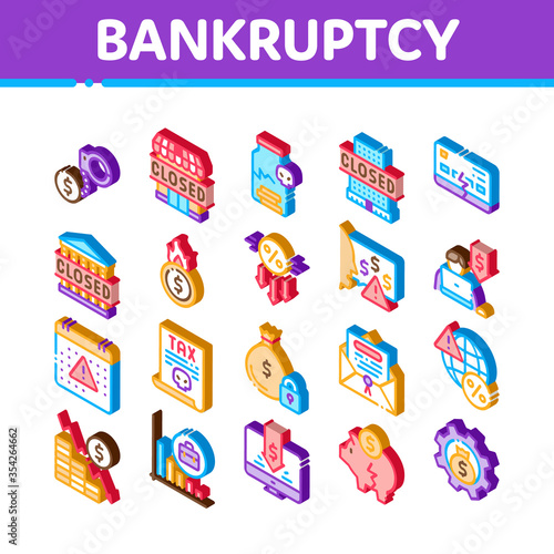 Bankruptcy Business Icons Set Vector. Isometric Bankruptcy Shop And Company, Closed Office And Store, Tax And Crisis, Broken Card And Piggy Illustrations