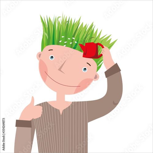 A guy with hair growing like grass