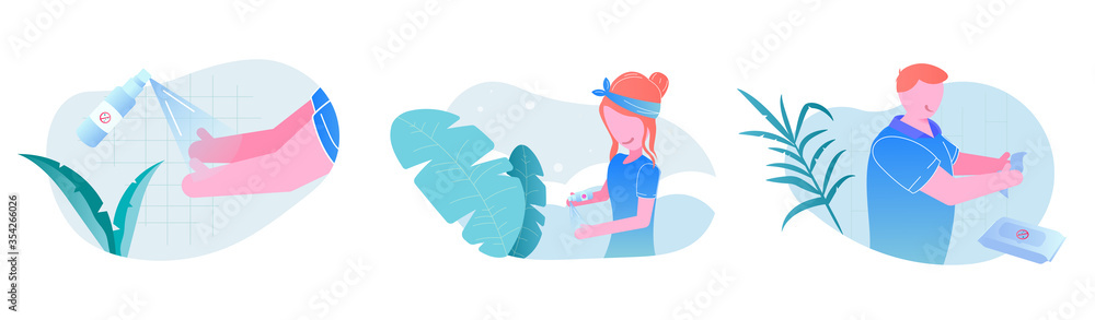 colorful vector illustrations set of different cartoon characters cleaning hands to protect against virus on white background