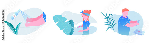 colorful vector illustrations set of different cartoon characters cleaning hands to protect against virus on white background