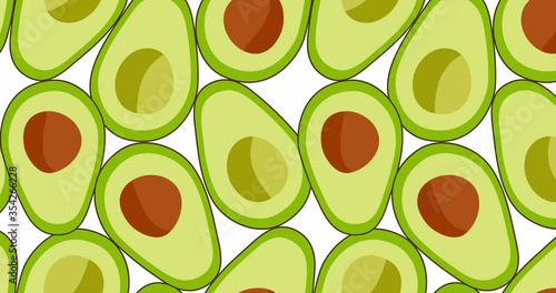 Seamless vector pattern with avocado on a white background. Loop animation 4K