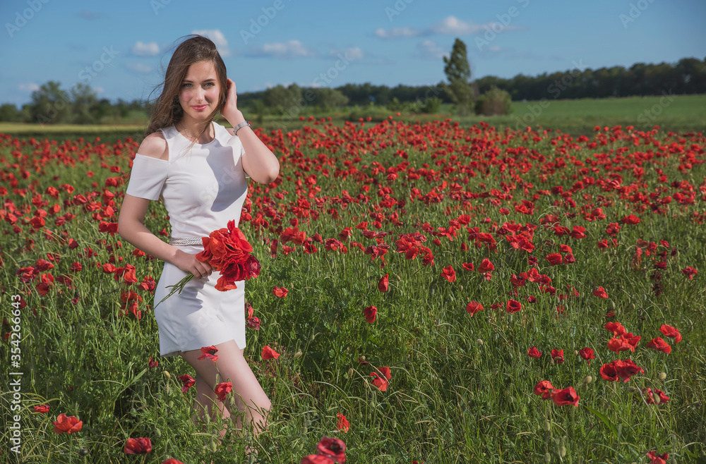 A dark, stylish, slender girl poses against the background of a poppy field with her hair flowing in the wind in the warm rays of the summer sun A dark, stylish, slender girl poses against the background of a poppy field with her hair flowing in the wind in the warm rays of the summer sun
