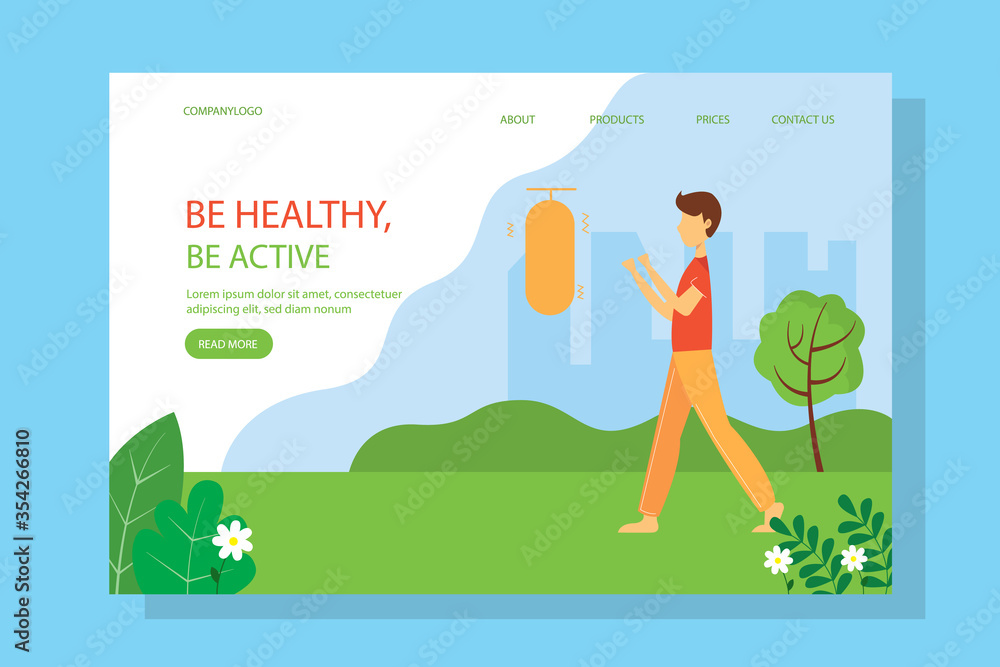 Man Boxing in the Park on the landing page, concept illustration for healthy lifestyle, outdoor activities, exercising. Vector illustration in flat style