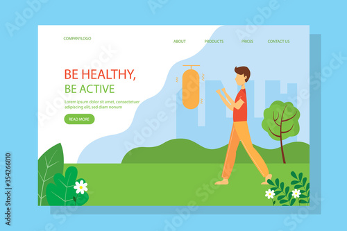 Man Boxing in the Park on the landing page, concept illustration for healthy lifestyle, outdoor activities, exercising. Vector illustration in flat style