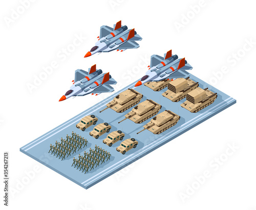 Military parade. Army armor combat uniform soldiers troop and war power vehicle tanks hard weapons holiday presentation vector isometric. Army military, patriotic armed demonstration illustration