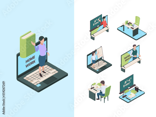 Homeschool. Childrens and students at home isolation study online parents helping make exercises at home vector knowledge isometric pictures. People schooling, character online education illustration