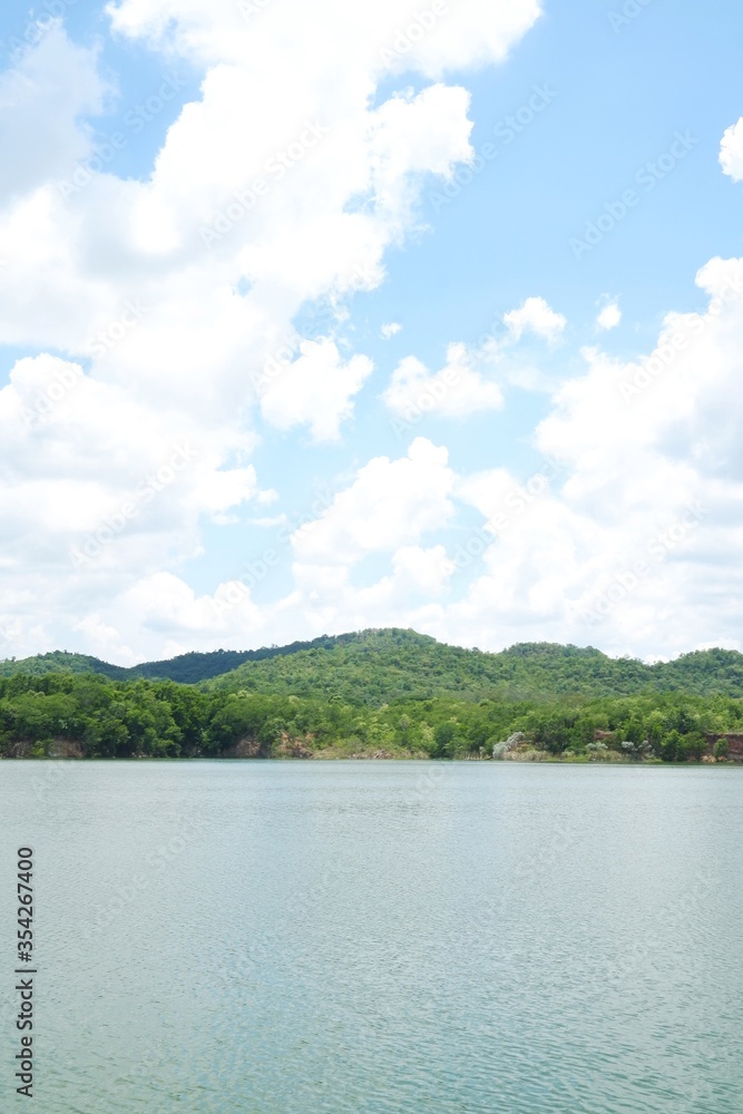 Beautiful lake green trees with nice blue sky white clouds . Beautiful lake green trees with nice blue sky white clouds .