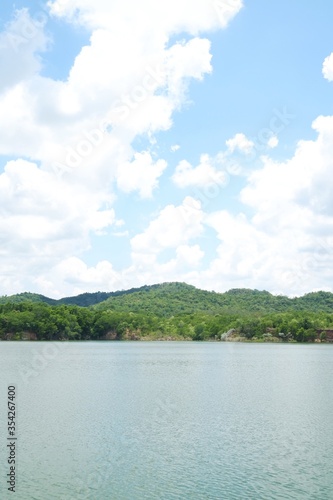 Beautiful lake green trees with nice blue sky white clouds . 