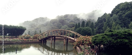 Morning in the North of the country, Thailand . Wooden bridge in the park with mountains and fog in the morning.I
