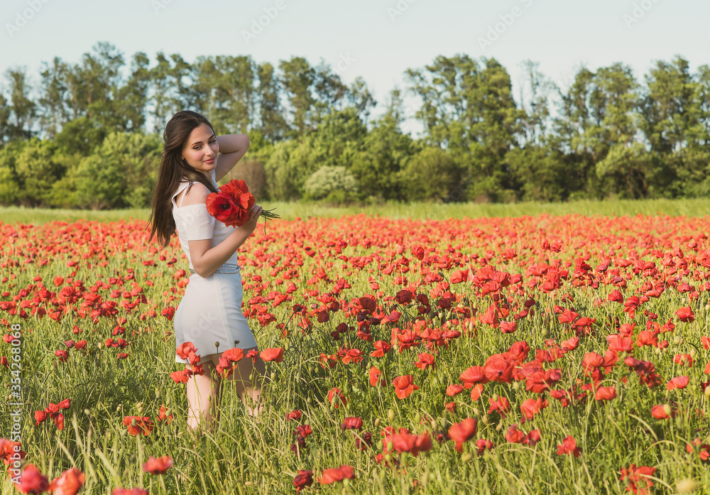 A dark, stylish, slender girl poses against the background of a poppy field with her hair flowing in the wind in the warm rays of the summer sun A dark, stylish, slender girl poses against the background of a poppy field with her hair flowing in the wind in the warm rays of the summer sun