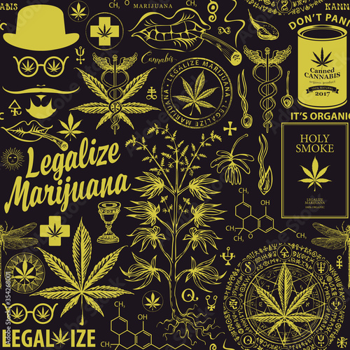 Vector seamless pattern on the theme of marijuana legalization. Repeatable background with hand-drawn hemp leaves, cannabis plant, hipster face, other sketches and inscriptions on the black backdrop