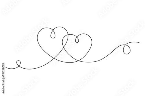 Continuous one line heart drawing. Black contour love sign doodle style, abstract linear minimal tattoo design of two hearts isolated on white background. Vector illustration