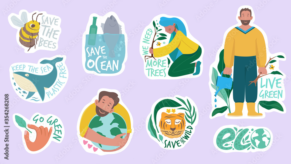 Ecology sticker. Green planet save earth protection environment eco friendly vector concept badges and labels. Nature eco sticker, ecological bio protection. Vector illustration