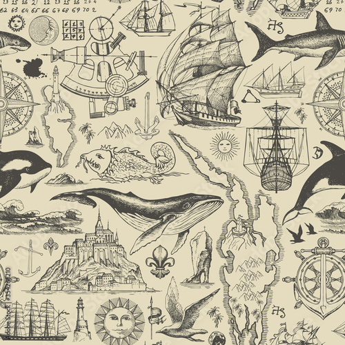 Vector abstract seamless pattern on the theme of travel  adventure and discovery. Vintage illustration with hand-drawn sketches of sailboats  islands  old maps  fishes on the old paper background