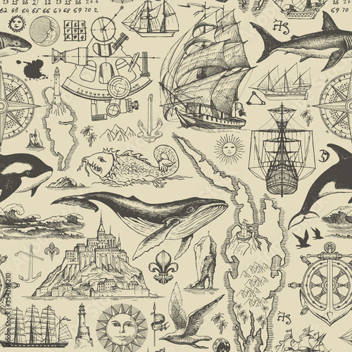 Vector abstract seamless pattern on the theme of travel, adventure and discovery. Vintage illustration with hand-drawn sketches of sailboats, islands, old maps, fishes on the old paper background