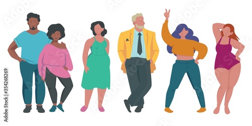 Fat people. Body positive attractive characters overweight male and female persons activities lifestyle of fatty vector illustrations. Positive people with big body, character fat and attractive