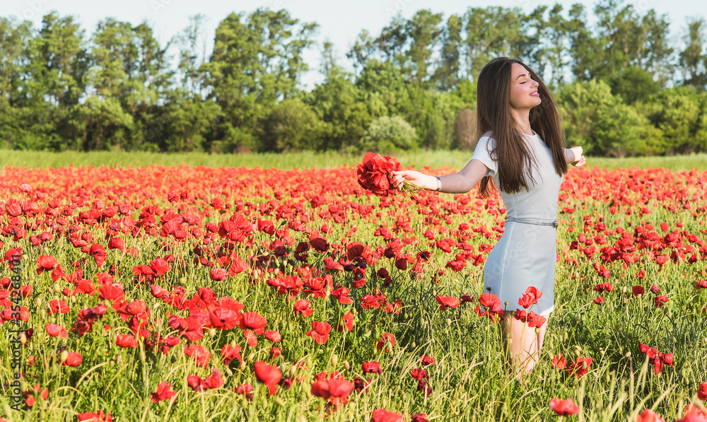 A dark, stylish, slender girl poses against the background of a poppy field with her hair flowing in the wind in the warm rays of the summer sun A dark, stylish, slender girl poses against the background of a poppy field with her hair flowing in the wind in the warm rays of the summer sun