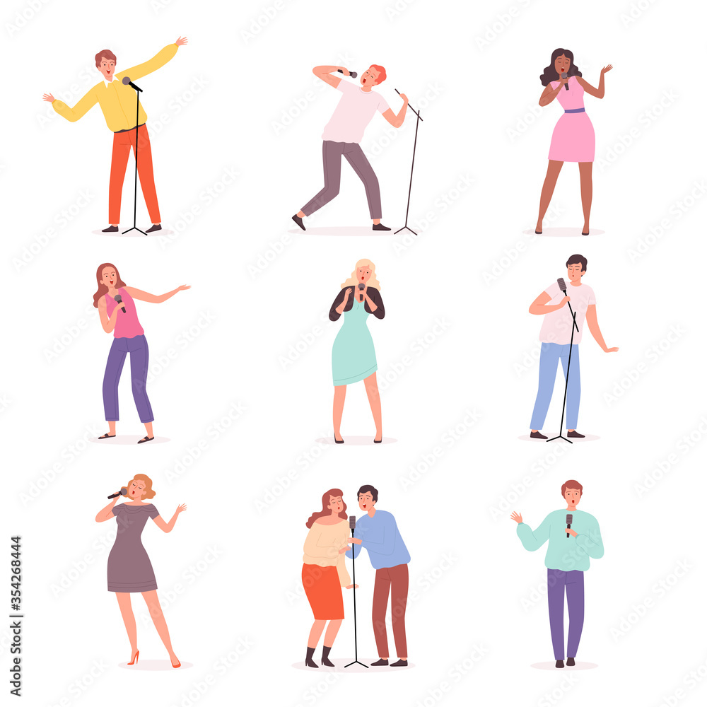 Karaoke singers. People have fun in music club solo concert persons vector male and female characters. Karaoke microphone, voice song illustration